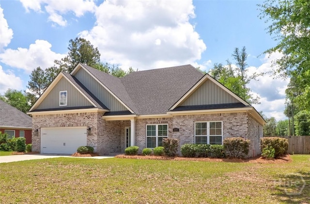 craftsman-style home with brick siding, driveway, a garage, and a shingled roof