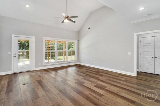 unfurnished living room with a ceiling fan, wood-type flooring, baseboards, high vaulted ceiling, and recessed lighting