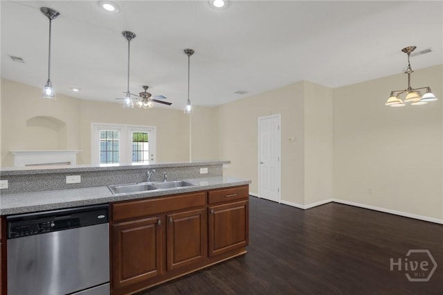 450 Canyon Oak Loop, Richmond Hill, GA 31324 - kitchen featuring stainless steel dishwasher, a sink, dark wood-type flooring, ceiling fan, and pendant lighting