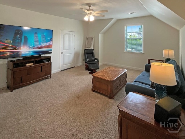 66 Misty Marsh Dr, Savannah, GA 31419 - carpeted living area featuring a ceiling fan and lofted ceiling