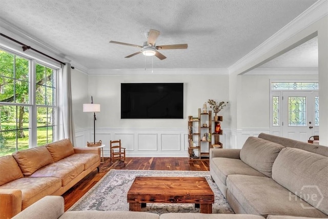 473 Kolic Helmey Rd, Guyton, GA 31312 - living area with dark wood finished floors, healthy amount of natural light, ceiling fan, ornamental molding, and a textured ceiling