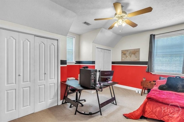 473 Kolic Helmey Rd, Guyton, GA 31312 - carpeted home office with a textured ceiling, a ceiling fan, baseboards, and lofted ceiling