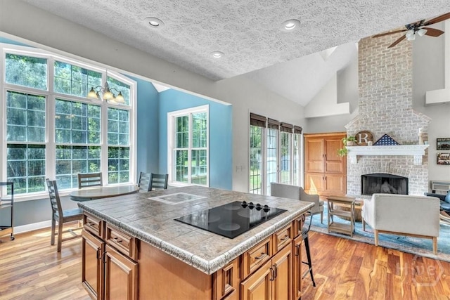 473 Kolic Helmey Rd, Guyton, GA 31312 - kitchen with black electric stovetop, brown cabinetry, lofted ceiling, light wood-type flooring, and a textured ceiling