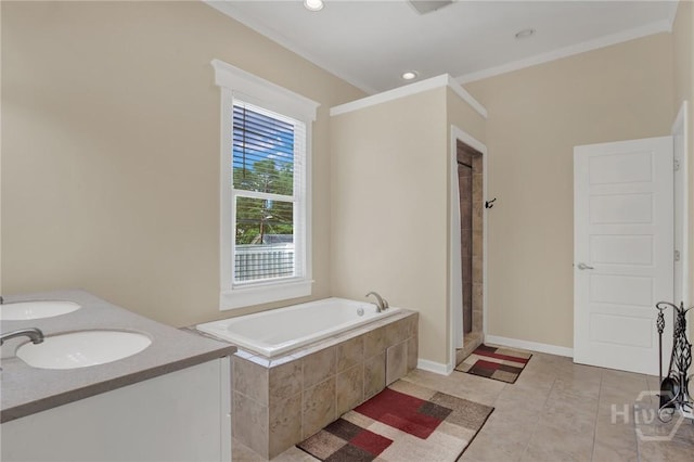 835 E Duffy St, Savannah, GA 31401 - bathroom with a sink, a garden tub, crown molding, tiled shower, and tile patterned floors