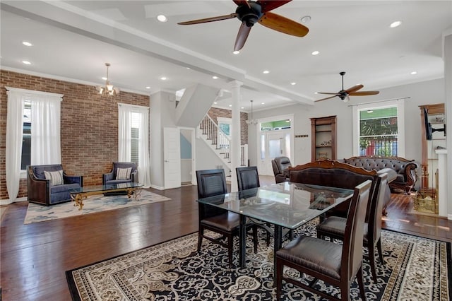 835 E Duffy St, Savannah, GA 31401 - dining room featuring a ceiling fan, stairway, hardwood / wood-style floors, brick wall, and recessed lighting
