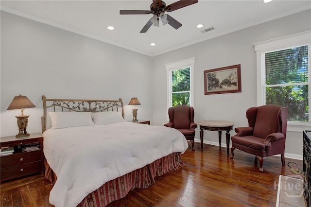 835 E Duffy St, Savannah, GA 31401 - bedroom with wood-type flooring, crown molding, recessed lighting, a ceiling fan, and baseboards