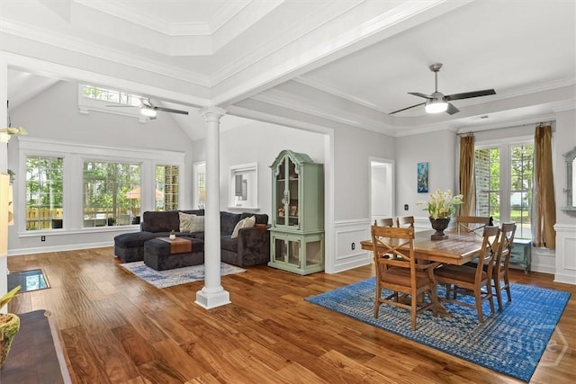 2 Misty Marsh Ct, Savannah, GA 31419 - dining room with a ceiling fan, wood finished floors, a wainscoted wall, ornate columns, and crown molding