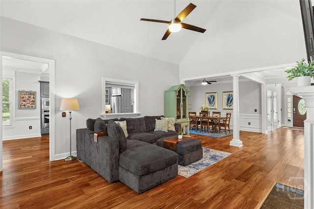 2 Misty Marsh Ct, Savannah, GA 31419 - living room with ceiling fan, healthy amount of natural light, decorative columns, wood finished floors, and high vaulted ceiling