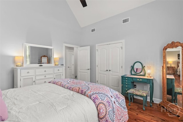 2 Misty Marsh Ct, Savannah, GA 31419 - bedroom with high vaulted ceiling, wood finished floors, a closet, a ceiling fan, and baseboards
