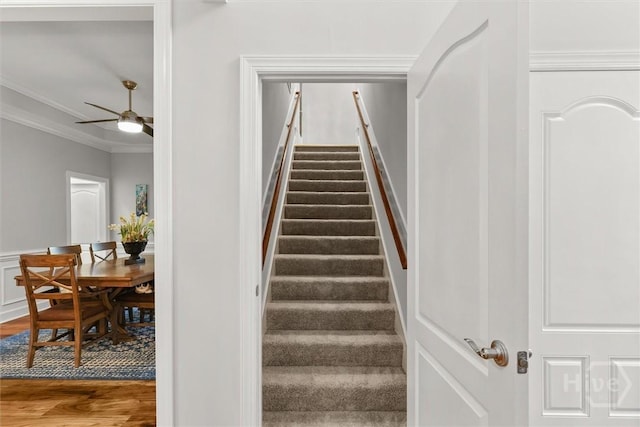 2 Misty Marsh Ct, Savannah, GA 31419 - stairway featuring crown molding, ceiling fan, and wood finished floors