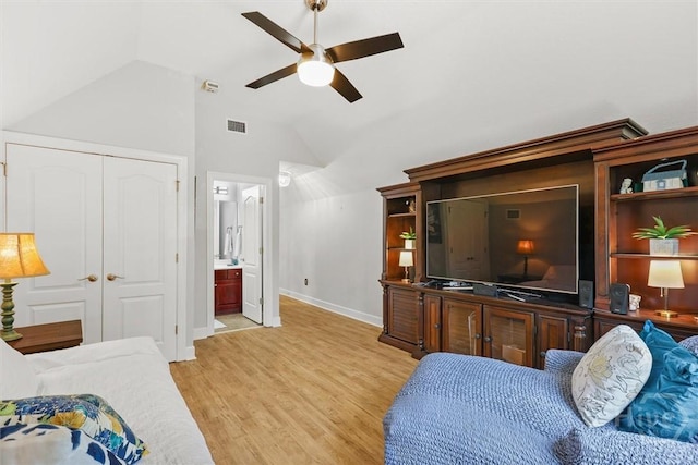 2 Misty Marsh Ct, Savannah, GA 31419 - living room with a ceiling fan, vaulted ceiling, light wood finished floors, and baseboards