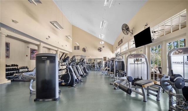 2 Misty Marsh Ct, Savannah, GA 31419 - exercise room with ornate columns and high vaulted ceiling