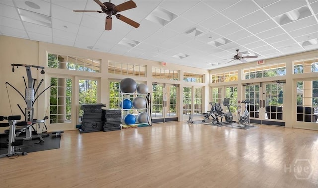 2 Misty Marsh Ct, Savannah, GA 31419 - exercise room with french doors, a ceiling fan, a drop ceiling, and wood finished floors