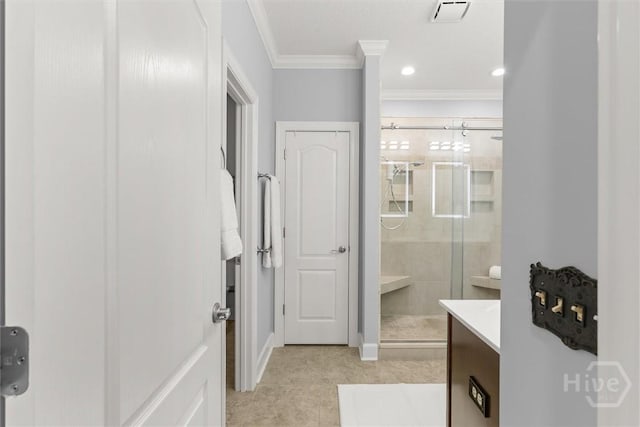2 Misty Marsh Ct, Savannah, GA 31419 - bathroom featuring ornamental molding, a stall shower, vanity, baseboards, and tile patterned floors
