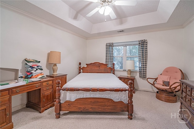 417 Willowpeg Way, Rincon, GA 31326 - bedroom with a raised ceiling, light colored carpet, a ceiling fan, crown molding, and baseboards