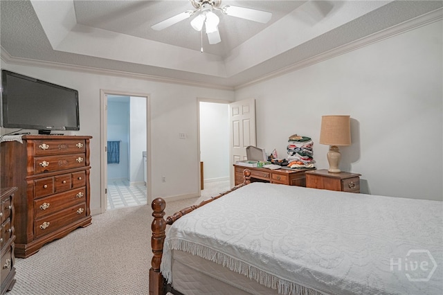 417 Willowpeg Way, Rincon, GA 31326 - bedroom with a tray ceiling, light colored carpet, crown molding, ceiling fan, and baseboards