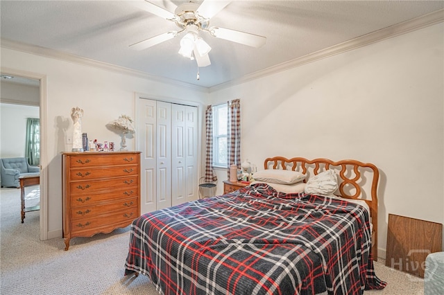 417 Willowpeg Way, Rincon, GA 31326 - bedroom with carpet flooring, crown molding, a closet, and ceiling fan