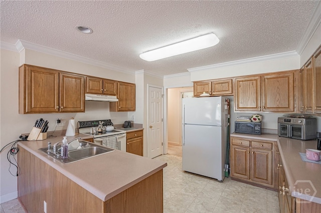 417 Willowpeg Way, Rincon, GA 31326 - kitchen with white appliances, a sink, under cabinet range hood, a textured ceiling, and light countertops