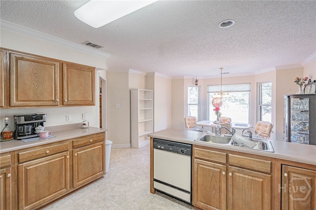 417 Willowpeg Way, Rincon, GA 31326 - kitchen with white dishwasher, a sink, a textured ceiling, light countertops, and ornamental molding