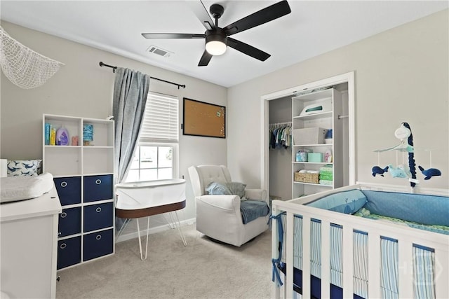 306 Madison Oaks Dr, Rincon, GA 31326 - bedroom featuring light carpet, a ceiling fan, baseboards, and a closet