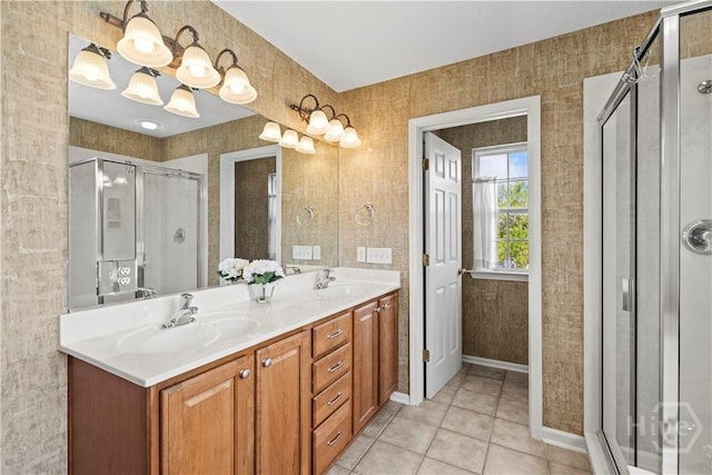 303 Stonebridge Cir, Savannah, GA 31419 - bathroom with a shower stall, tile patterned flooring, double vanity, and a chandelier