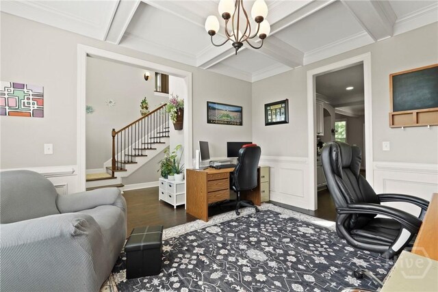 119 Greystone Dr, Guyton, GA 31312 - office featuring coffered ceiling, wood finished floors, a chandelier, beam ceiling, and wainscoting