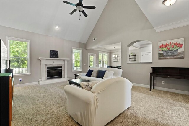 119 Greystone Dr, Guyton, GA 31312 - living room with light carpet, baseboards, a ceiling fan, ornamental molding, and recessed lighting