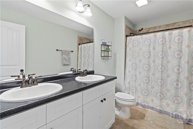 216 Cypress Lakes Dr, Bloomingdale, GA 31302 - bathroom featuring toilet, tile patterned flooring, curtained shower, and double vanity