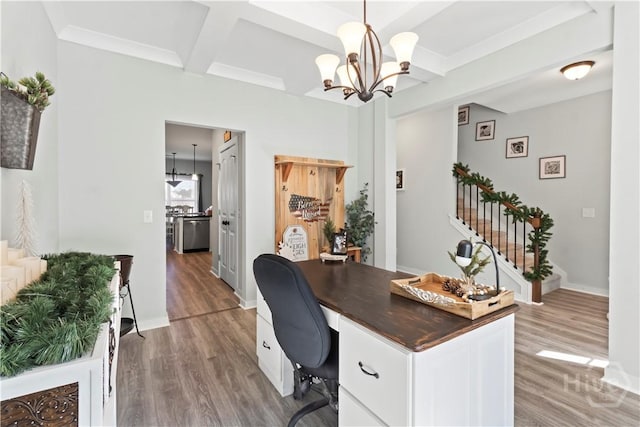 216 Cypress Lakes Dr, Bloomingdale, GA 31302 - office with wood finished floors, a chandelier, beamed ceiling, baseboards, and coffered ceiling