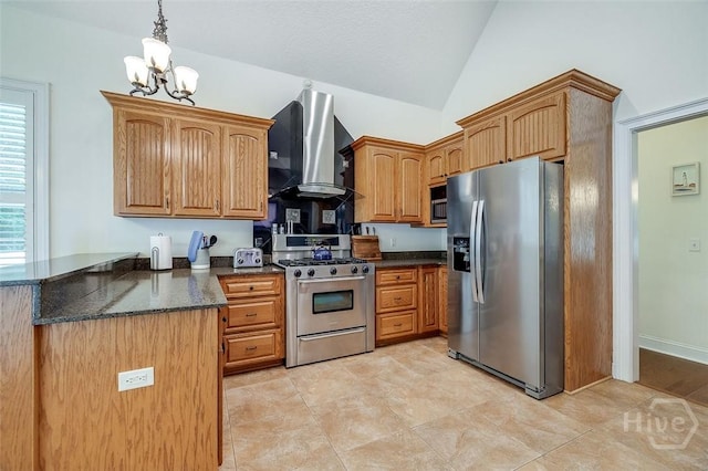 2 N Camellia Ct, Guyton, GA 31312 - kitchen featuring stainless steel appliances, wall chimney range hood, a peninsula, a chandelier, and vaulted ceiling