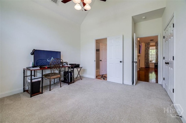 2 N Camellia Ct, Guyton, GA 31312 - carpeted office space featuring ceiling fan, high vaulted ceiling, and baseboards
