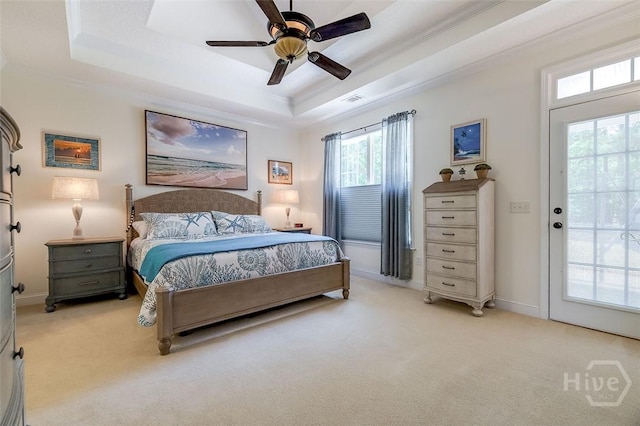 2 N Camellia Ct, Guyton, GA 31312 - bedroom featuring light carpet, a raised ceiling, crown molding, ceiling fan, and baseboards