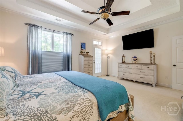 2 N Camellia Ct, Guyton, GA 31312 - bedroom featuring a raised ceiling, light carpet, crown molding, a ceiling fan, and baseboards