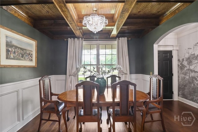 447 Walthour Dr, Rincon, GA 31326 - dining space featuring wooden ceiling with exposed beams, dark wood finished floors, a chandelier, arched walkways, and a wainscoted wall