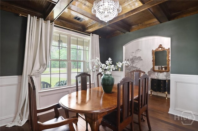 447 Walthour Dr, Rincon, GA 31326 - dining space featuring wooden ceiling with exposed beams, wainscoting, a decorative wall, a chandelier, and wood finished floors
