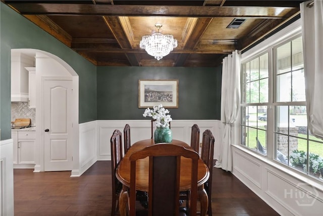 447 Walthour Dr, Rincon, GA 31326 - dining room featuring wood ceiling with exposed beams, a chandelier, dark wood-style floors, coffered ceiling, and arched walkways