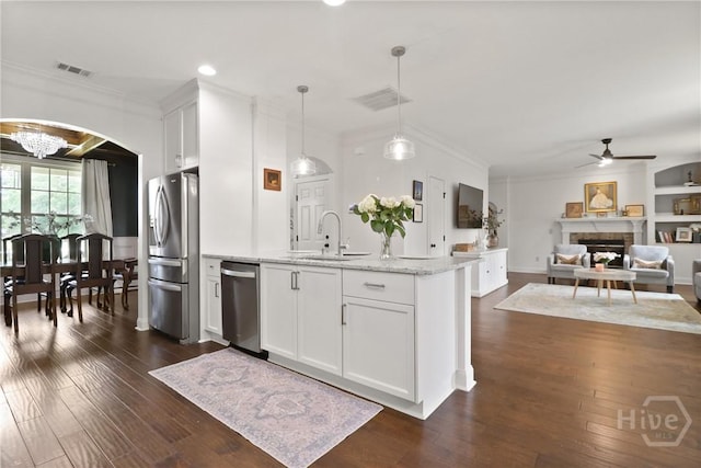447 Walthour Dr, Rincon, GA 31326 - kitchen with appliances with stainless steel finishes, a sink, ornamental molding, a ceiling fan, and a chandelier