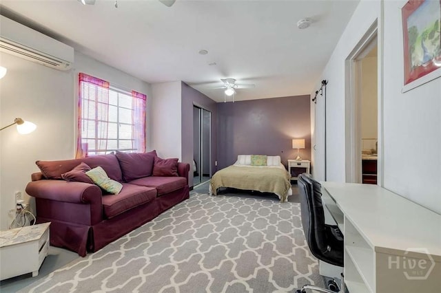 3600 Abercorn St, Savannah, GA 31405 - bedroom with a wall unit AC, an office area, a ceiling fan, carpet floors, and connected bathroom