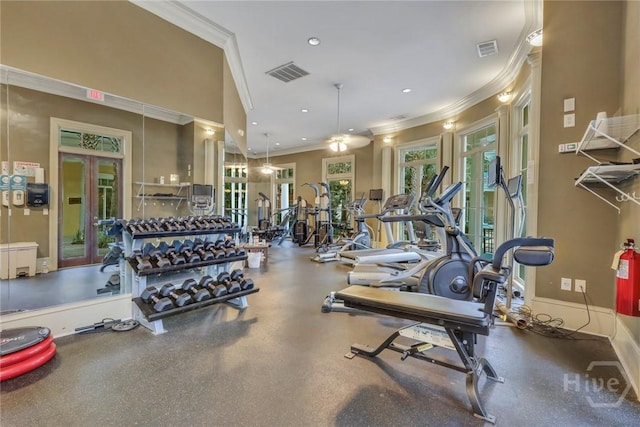 1733 Whitemarsh Way, Savannah, GA 31410 - exercise room with crown molding, french doors, and recessed lighting