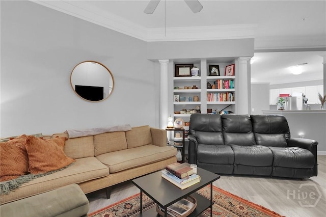 1733 Whitemarsh Way, Savannah, GA 31410 - living room with decorative columns, wood finished floors, a ceiling fan, and crown molding