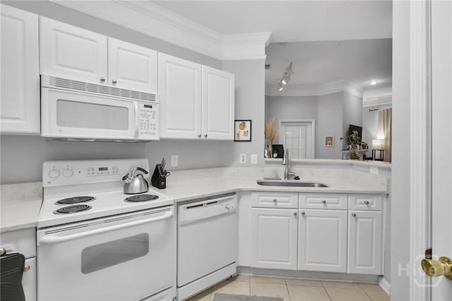 1733 Whitemarsh Way, Savannah, GA 31410 - kitchen featuring white appliances, a sink, light tile patterned flooring, light countertops, and crown molding