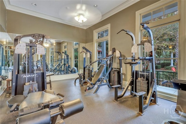 1733 Whitemarsh Way, Savannah, GA 31410 - workout area with crown molding, baseboards, and a ceiling fan