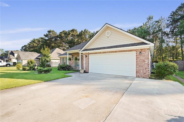 ranch-style house featuring brick siding, a front lawn, driveway, and a garage