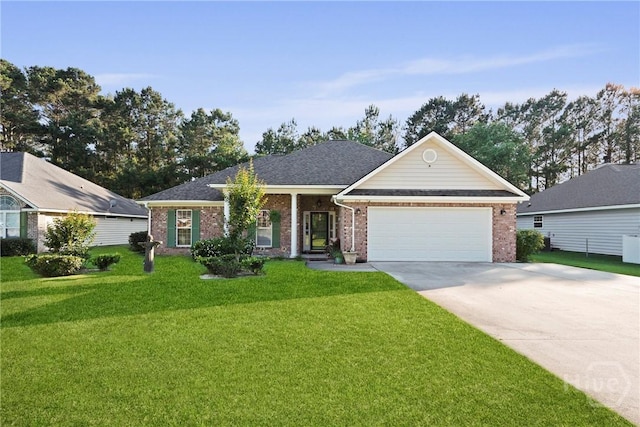 view of front of property with an attached garage, a front yard, brick siding, and concrete driveway