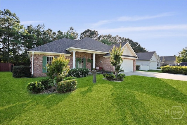 single story home with concrete driveway, brick siding, and a front lawn
