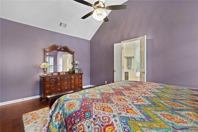 bedroom with high vaulted ceiling, wood finished floors, baseboards, and a ceiling fan