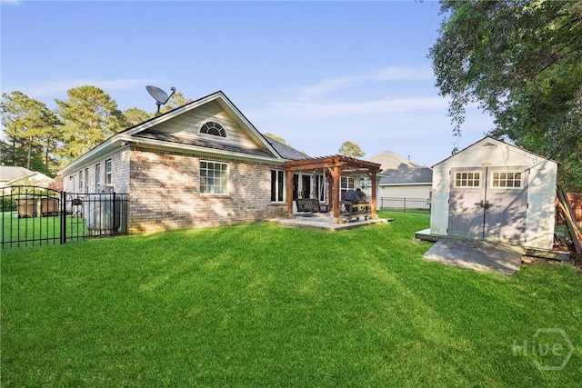 rear view of property featuring a pergola, a storage unit, a patio area, an outdoor structure, and brick siding