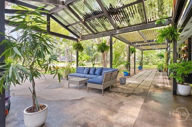 view of patio / terrace featuring a pergola and outdoor lounge area