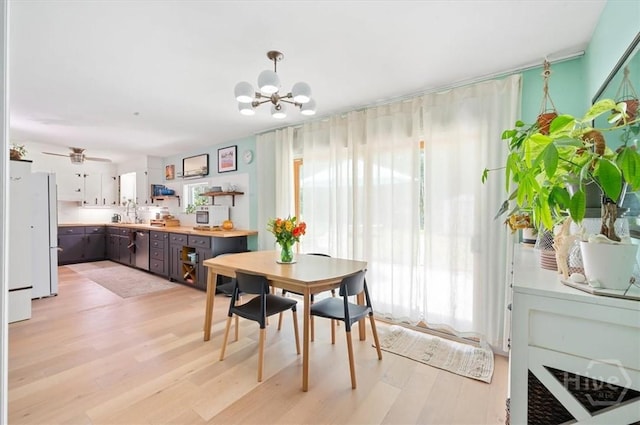dining area with a chandelier, light wood-style floors, and a ceiling fan