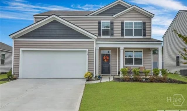 119 Fremont Ln, Pooler, GA 31322 - craftsman house with a front yard, concrete driveway, a porch, cooling unit, and a garage